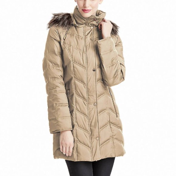 Kenneth Cole Chevron Quilted Puffer Coat with Faux Fur trimmed hoodie size S - Picture 1 of 2